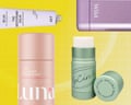 Four natural deodorants on a bright yellow background with grid pattern.