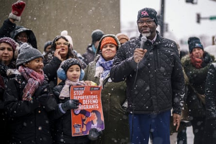 Chicago’s mayor Brandon Johnson speaks to a crowd protesting in solidarity with Minneapolis on 25 January 2026.