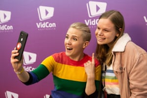 Hannah Hart, entertainer and author, at VidCon in Melbourne, 2018. With a fan