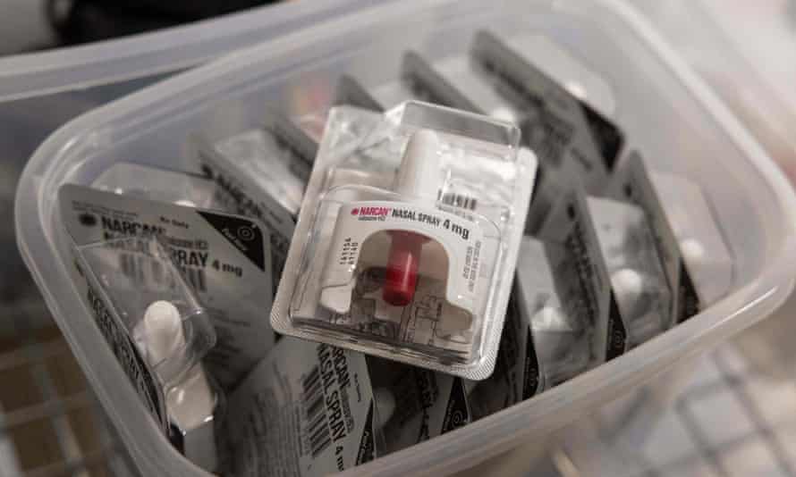 A box of Narcan nasal spray at a supervised drug injection site in New York.