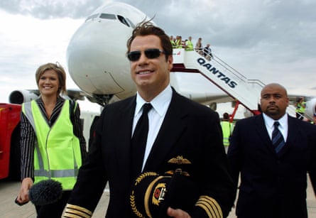Actor and Qantas ambassador John Travolta with an A380 in Brisbane in 2005