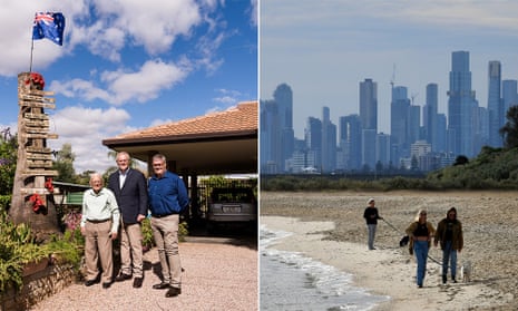 Composite image showing Scott Morrison campaigning in the seat of Lingiari, and Brighton Beach in the electorate of Goldstein