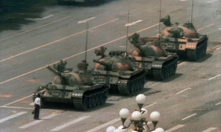 A man blocks a line of tanks heading east on Beijing’s Cangan Blvd in Tiananmen Square on 5 June 1989.