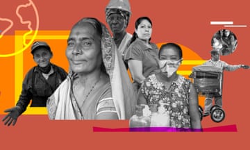 Collage of informal economy workers in black and white on colorful red, orange and yellow graphic background