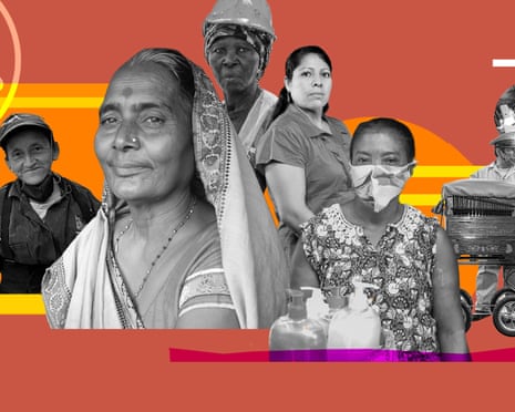Collage of informal economy workers in black and white on colorful red, orange and yellow graphic background