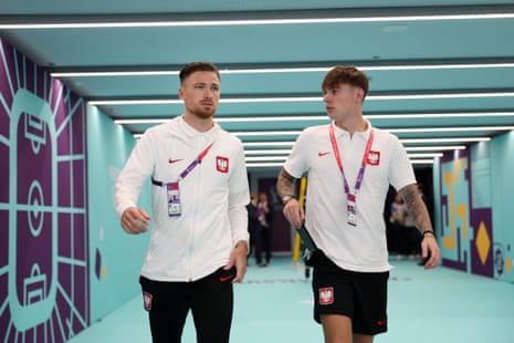 Matty Cash (left) and Nicola Zalewski arrive at the stadium prior to today’s game between Poland and Mexico.
