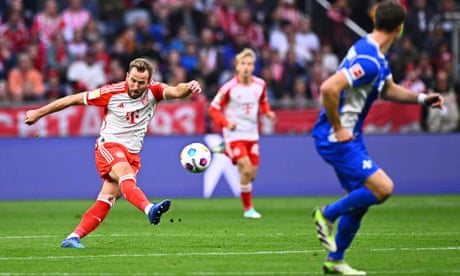 Bayern's Harry Kane scores their fifth goal, from his own half.