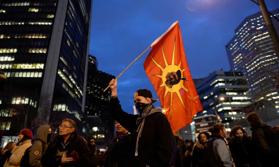 Supporters of Wet’suwet’en Nation’s hereditary chiefs march as part of protests against British Columbia’s Coastal GasLink pipeline.