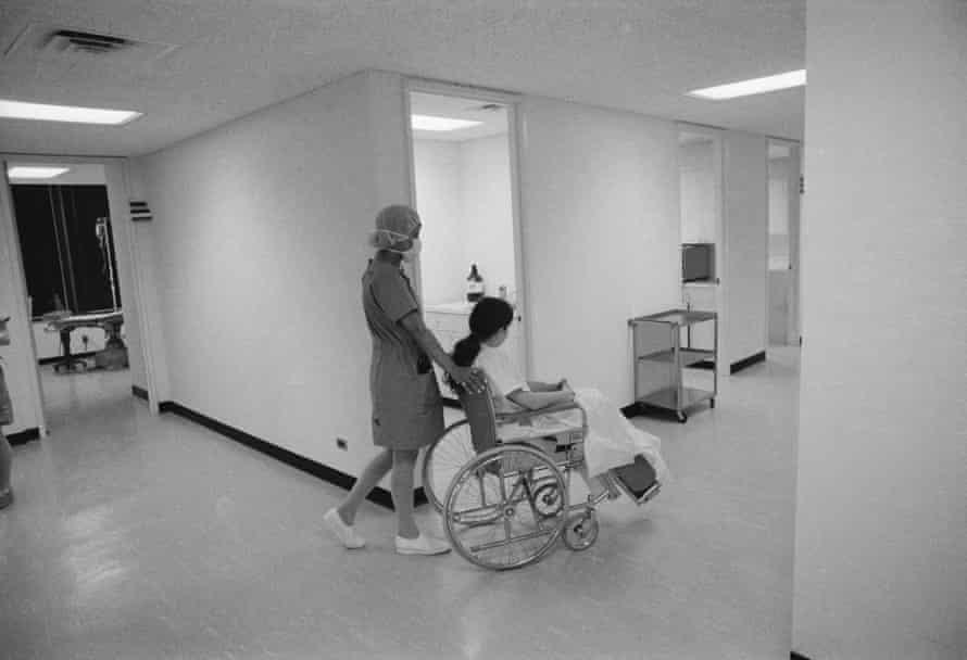 A patient is wheeled from the operating room to the recovery room at Parkmed, an abortion center that opened on 11 May 1971 in New York City.
