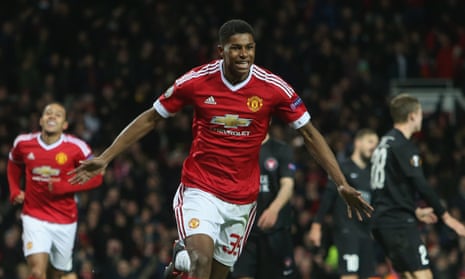 Marcus Rashford celebrates scoring opn his Manchester United against FC Midtjylland in the Europa League only 18 months ago.