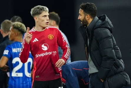 Manchester United’s head coach Ruben Amorim, right, talks with Alejandro Garnacho during the Premier League game at Ipswich in November 2024