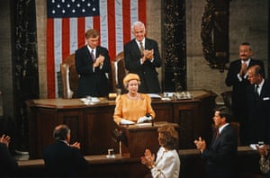 Dan Quayle, then vice-president, and Tom Foley, then speaker of the house, applaud as the Queen attends a joint session of Congress on 16 May 1991