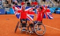 Alfie Hewett and Gordon Reid of Great Britain celebrate winning gold in the wheelchair tennis final.