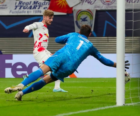 Timo Werner pops up at the far post to slot home Leipzig’s third goal against Real Madrid.