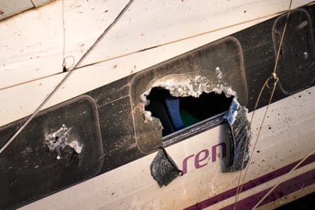 A train car with a broken window
