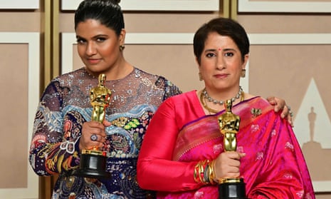 Kartiki Gonsalves (left) and producer Guneet Monga with their Oscars for for best short documentary. 