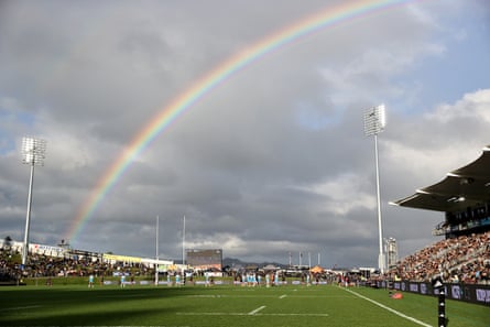 A rainbow in the skies during the match between the Māori All Blacks and Scotland in Whangarei