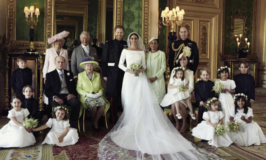 The Duke and Duchess of Sussex with other members of the royal family in an official wedding photograph.