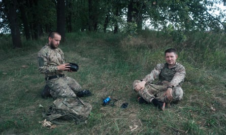 Left to right:Oleksandr Majeur and Oleksandr after setting up an FPV drone.