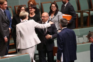 Peter Khalil is congratulated by Labor deputy leader Tanya Plibersek after giving his first speech in the House of Representatives.