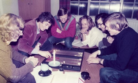 John Horton Conway [THIRD FROM RIGHT? - CHECKING MC] playing backgammon by candlelight with friends in the late 1970s, when he was a lecturer at Cambridge University