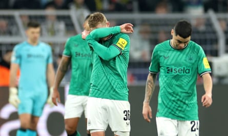 Newcastle’s Sean Longstaff and Miguel Almirón react during their side’s 2-0 defeat.