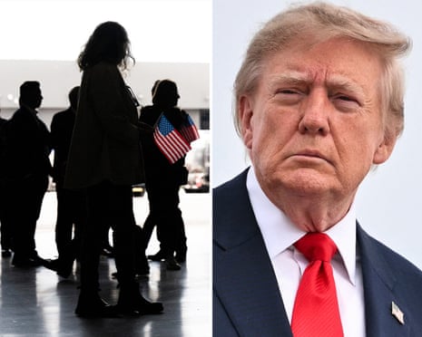 a composite shows white South Africans silhouetted while holding US flags on the left and Donald Trump on the right