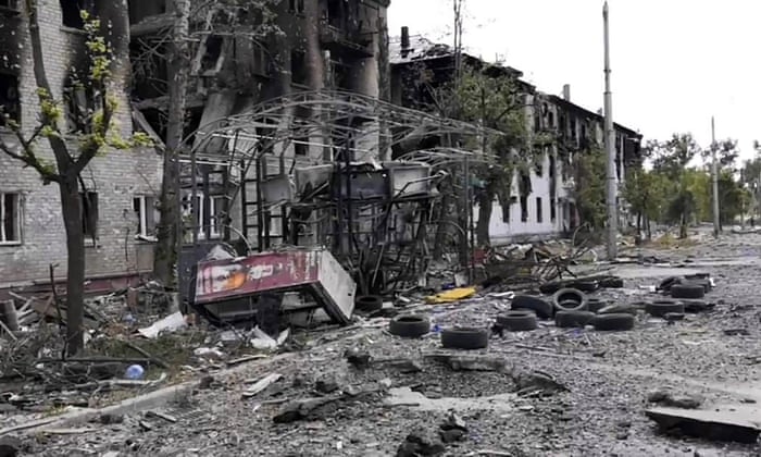 In a photo provided by the Luhansk region military administration, damaged residential buildings are seen in Lysychansk