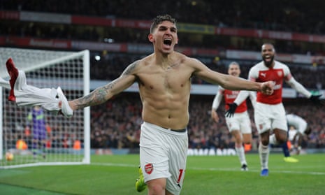 Lucas Torreira celebrates after scoring the final goal, and his first for Arsenal, in Sunday’s 4-2 north London derby win over Spurs.
