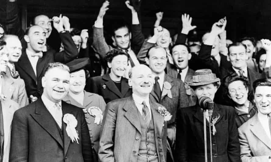 Bertha Sokoloff, second right, in 1945, celebrating the victory of Phil Piratin, the Communist MP, who is standing behind Clement Attlee.