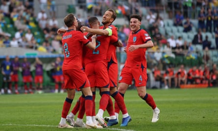England players celebrate Kyle Walker’s equaliser against Ukraine at the weekend
