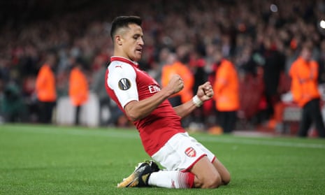 Alexis Sánchez celebrates putting Arsenal 2-1 up with a brilliant curling strike from the edge of the area against Cologne. 