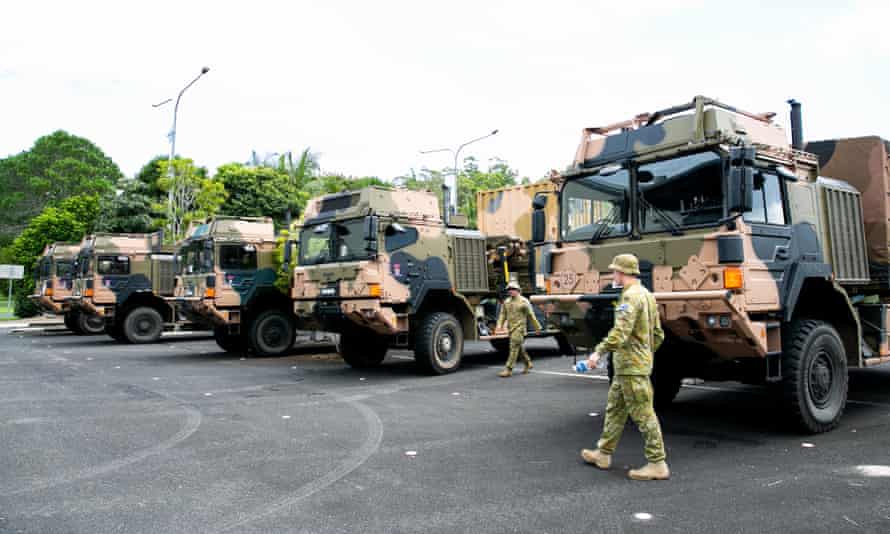 Defence force vehicles in Lismore on Monday.