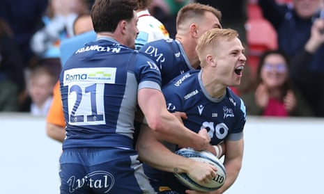 Arron Reed (right) celebrates one of his two tries against Harlequins
