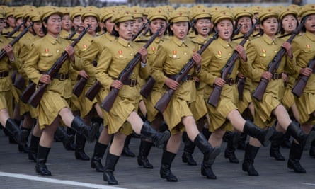 North Korean soldiers march during a mass military parade at Kim Il-Sung square in Pyongyang.