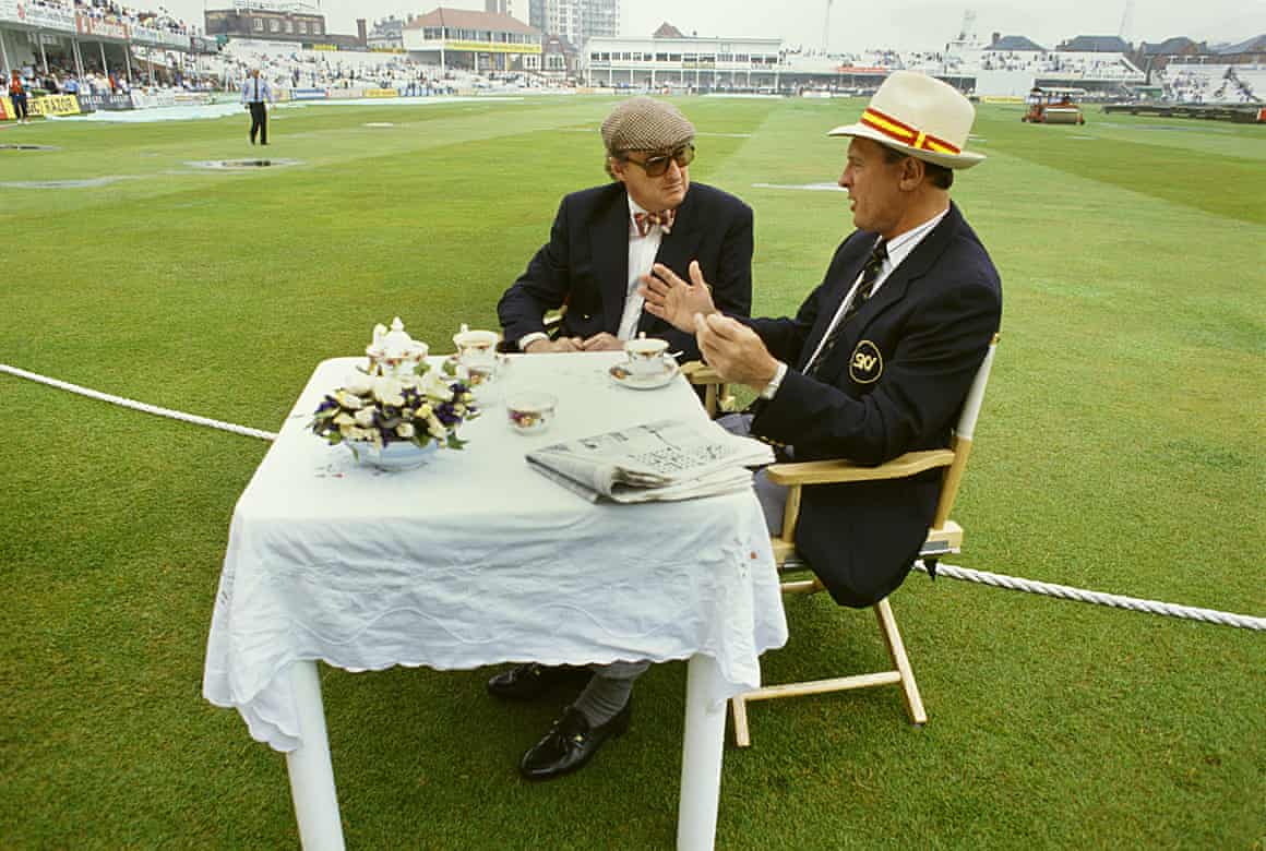 Henry Blofeld and Geoffrey Boycott chat over tea during the July 1991 Test between England and West Indies at Trent Bridge
