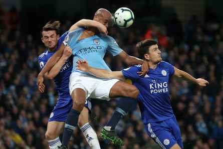 May 6: Manchester City’s Vincent Kompany and Leicester’s Ben Chilwell and Harry Maguire battle for the ball.