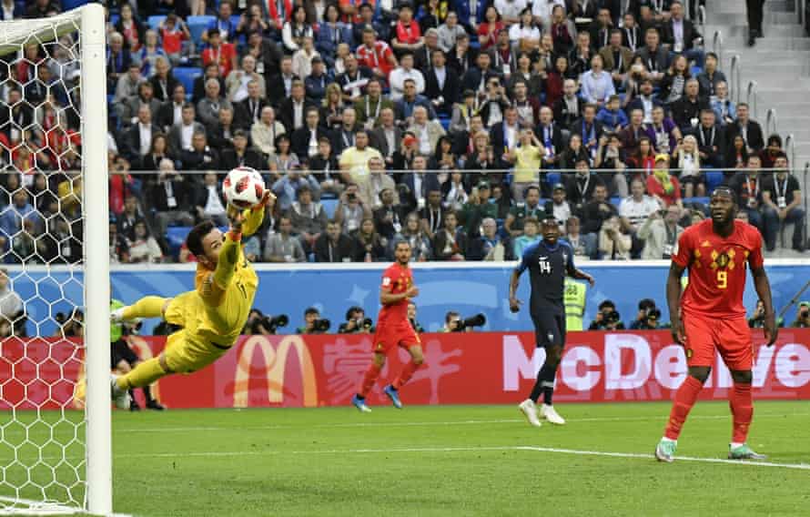 Romelu Lukaku watches Hugo Lloris save a shot from Toby Alderweireld as Belgium came up just short in the 2018 World Cup semi-final against France