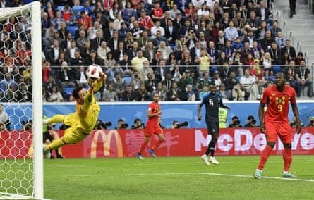 Romelu Lukaku watches Hugo Lloris save a shot from Toby Alderweireld as Belgium came up just short in the 2018 World Cup semi-final against France
