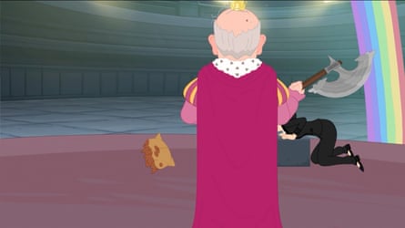 A frame from One Nation’s Super Progressive Movie, in which Penny Wong is beheaded by Anthony Albanese. Illustration: Pauline Hanson's Please Explain/YouTube