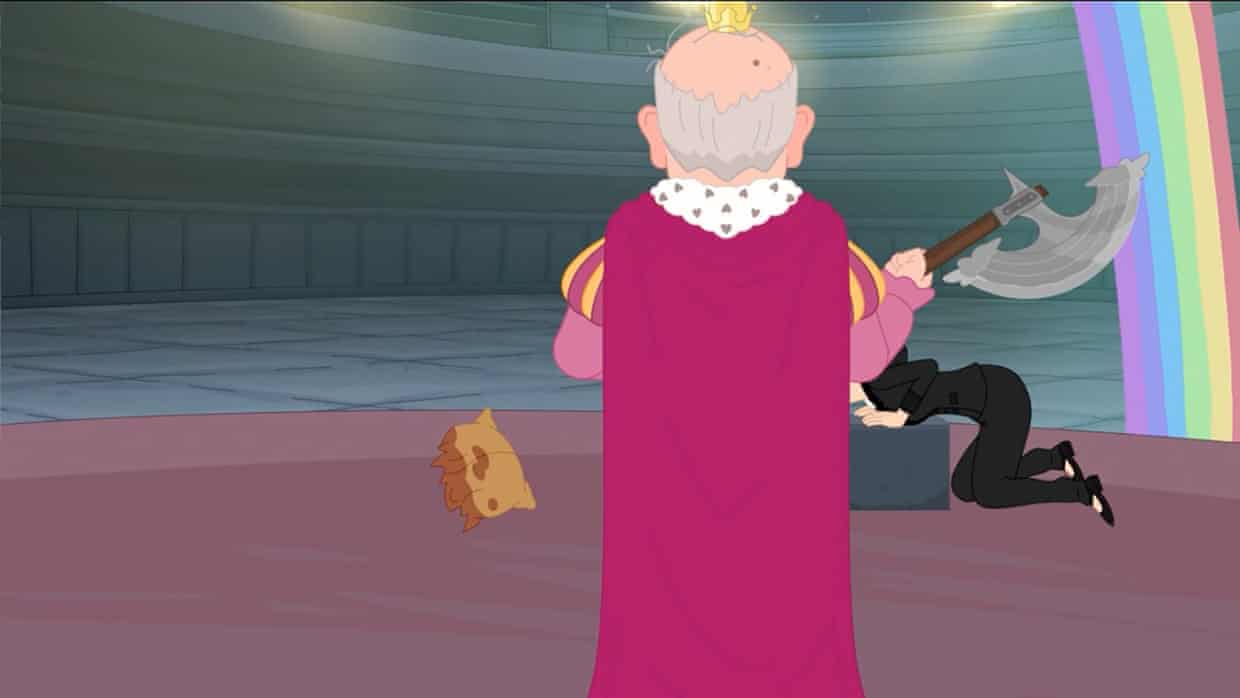 A frame from One Nation’s Super Progressive Movie, in which Penny Wong is beheaded by Anthony Albanese.