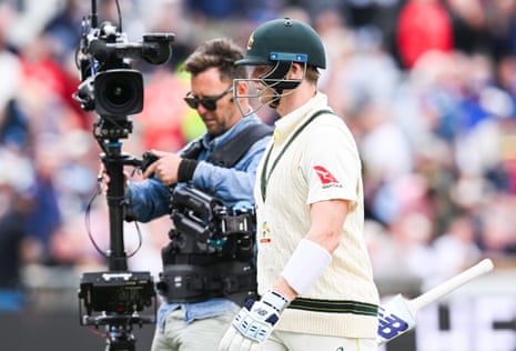 Steve Smith of Australia looks dejected after knicking a Stuart Broad delivery to wicketkeeper Jonny Bairstow to lose his wicket during day one of the third Ashes test at Headingley.
