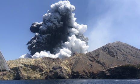 The volcano eruption on White Island off the coast of Whakatane, New Zealand. 