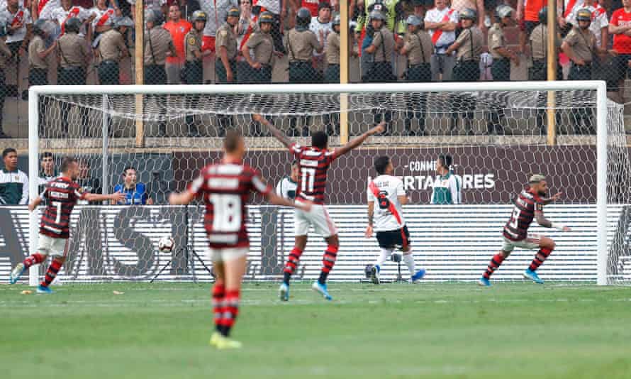 Flamengo’s Gabriel Barbosa (right) wheels away in celebration after scoring their equaliser.