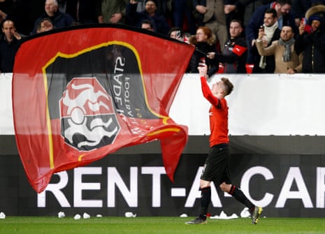 Stade Rennes’ Benjamin Bourigeaud celebrates scoring their equaliser.