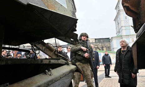 US secretary of the Treasury Janet Yellen looks at Russian military vehicles displayed in an open-air exhibition during her visit to Kyiv.