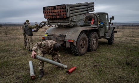 Ukrainian servicemen from 24th brigade operate a BM-21 Grad near the frontlines of Toretsk, Ukraine on March 18, 2023. (Photo by Wolfgang Schwan/Anadolu Agency via Getty Images)