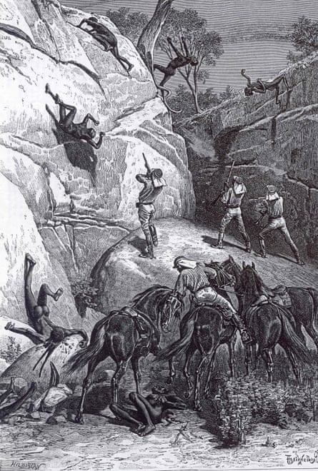 A drawing of men being shot as they try to climb out of a gorge