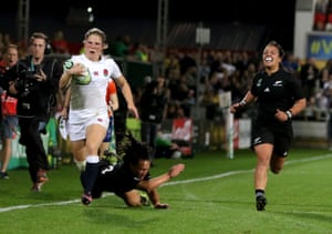 England’s wing Lydia Thompson runs in a try.