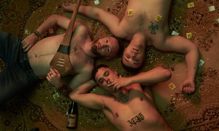 Kneecap (clockwise from top left, DJ Próvaí, Mo Chara, Moglai Bap) in a scene from their eponymous film.
